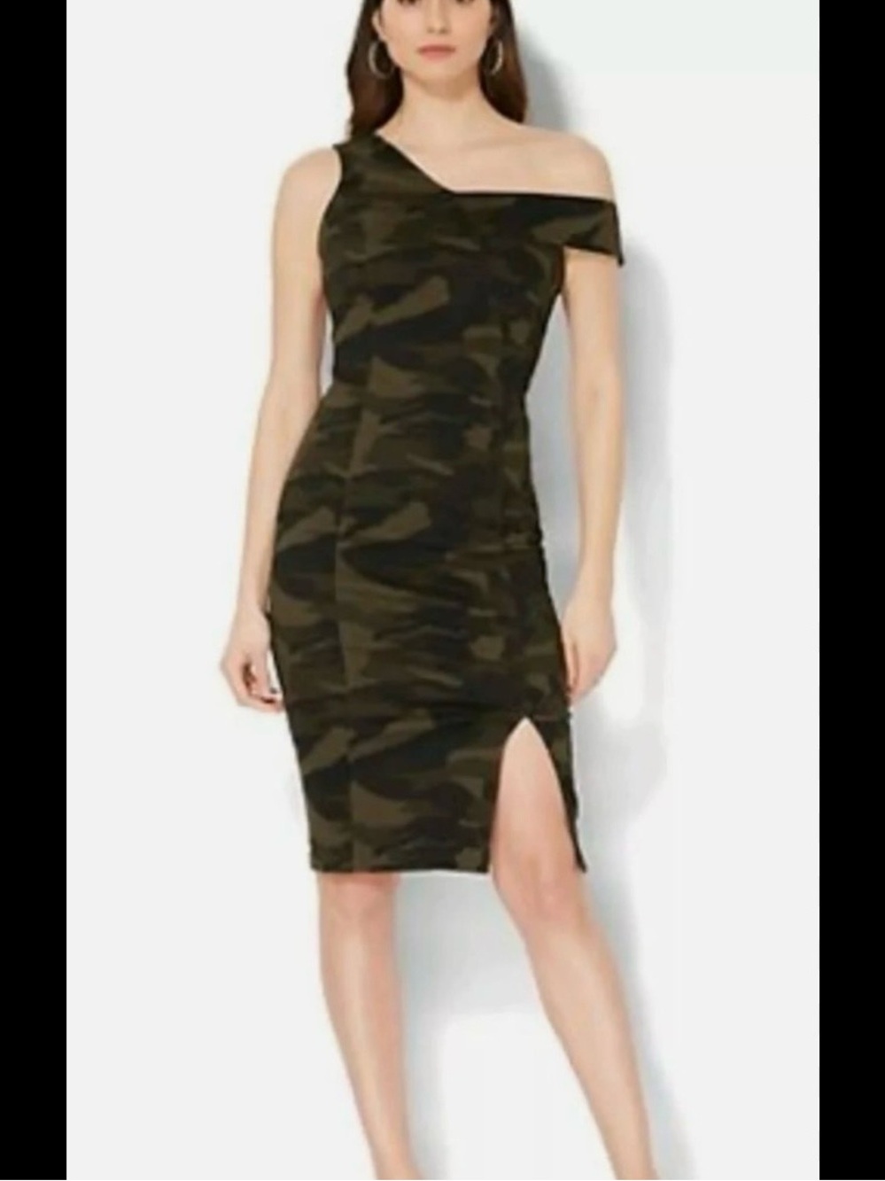 New York & Company One-Shoulder Olive Camo Bodycon Dress
